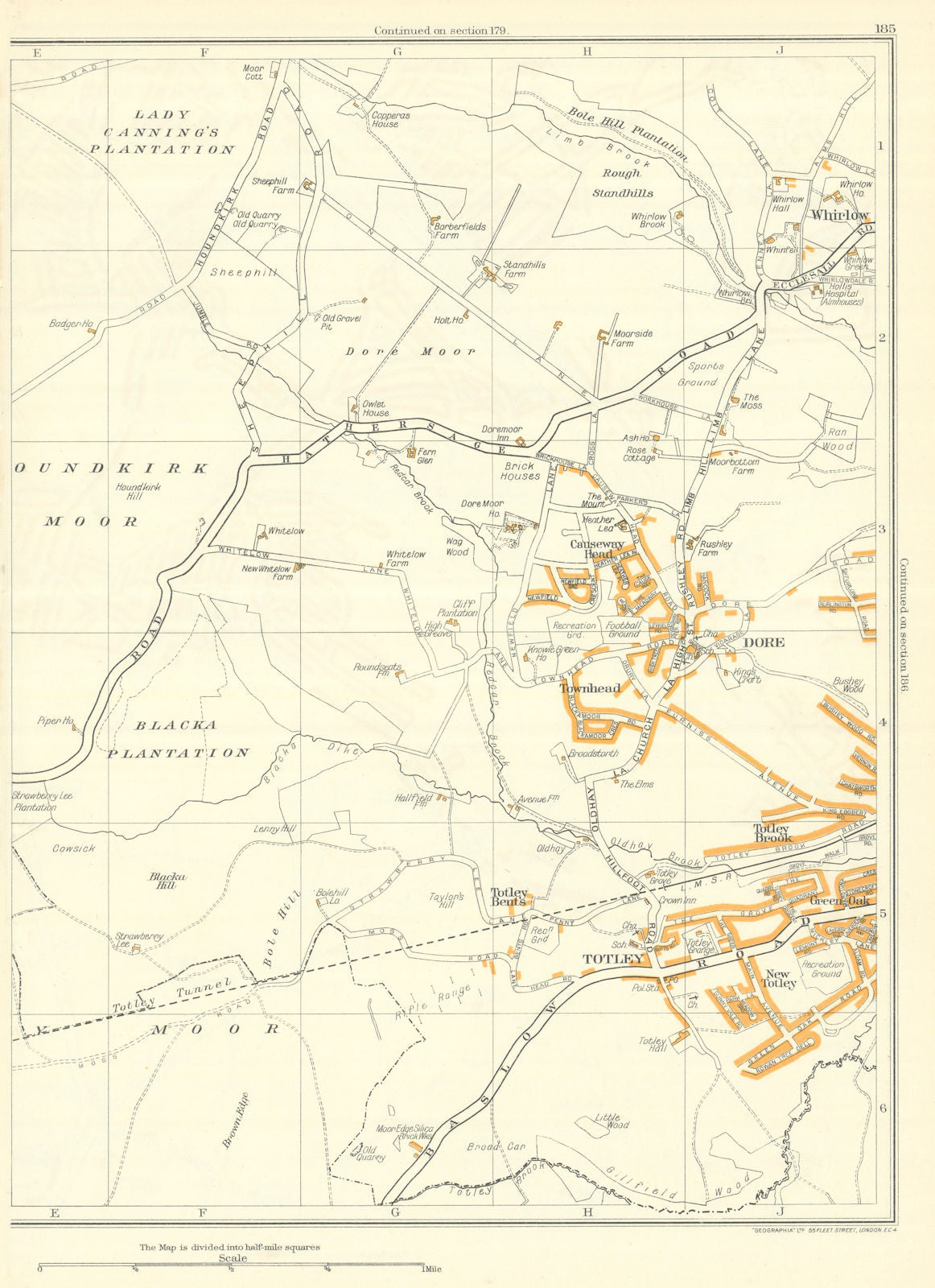 TOTLEY Dore New Totley Townhead Whirlow Brick Houses Houndkirk Moor 1935 map